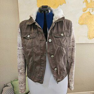 Green denim hoodie with aztec print